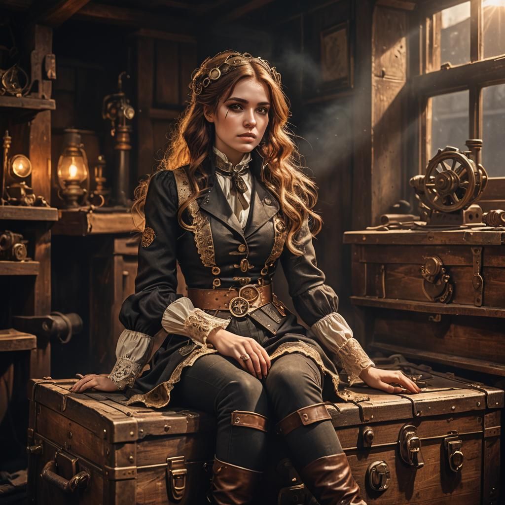 Steampunk Girl in Attic with Clockwork Details