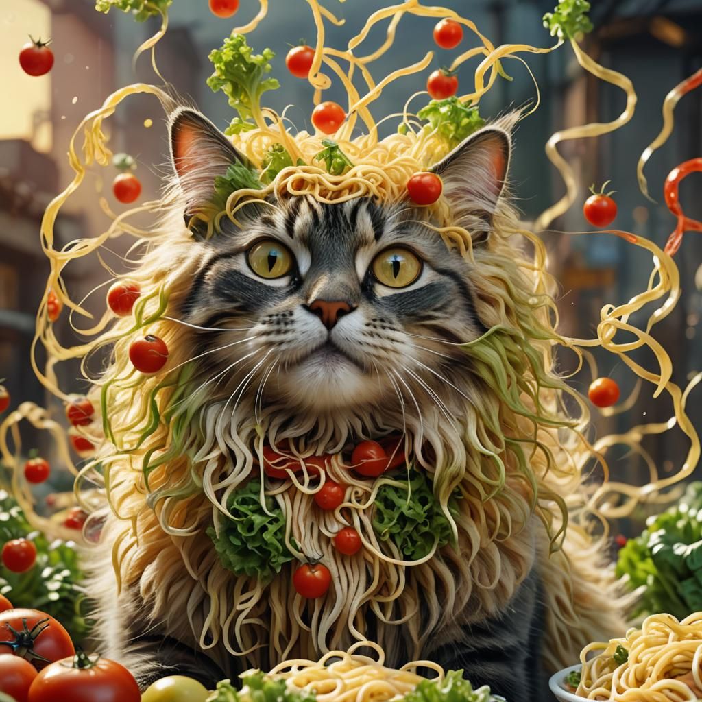 Cat with Noodle Wig in Surreal Digital Painting