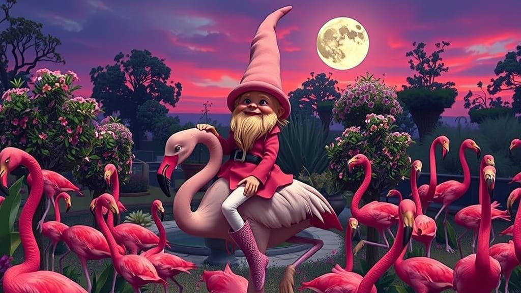 Pink Garden Gnome Rides Flamingo: Cinematic Twilight Scene