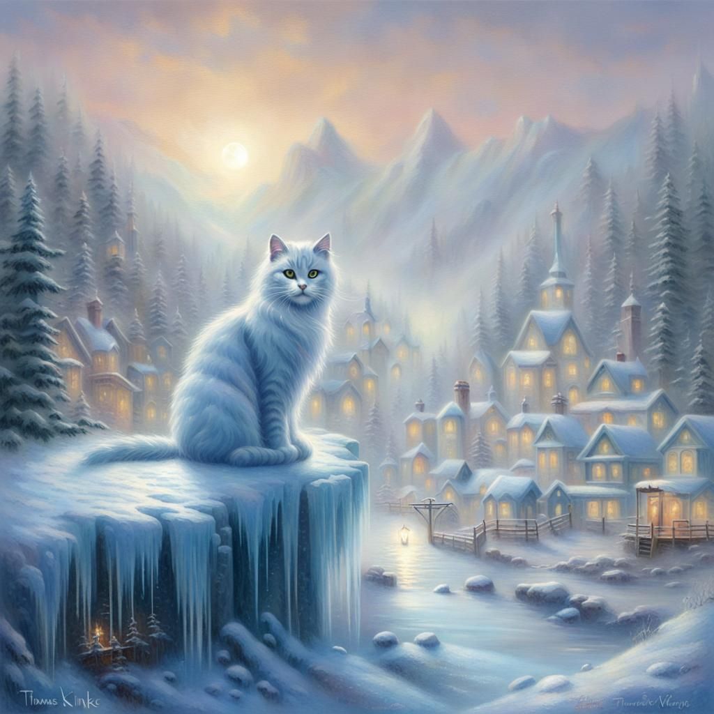 Ethereal Ice Cat in Dreamy Fantasy Landscape