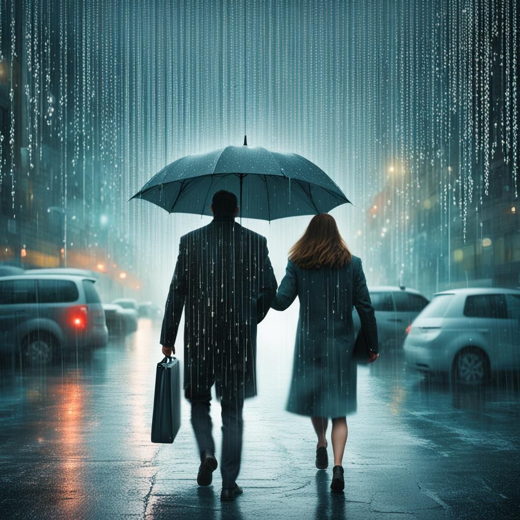 Couple in Matrix Rain: Cyberpunk Digital Art