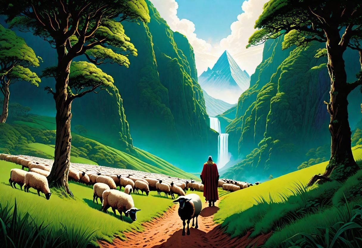 Jesus as Shepherd in Lush Impressionist Landscape