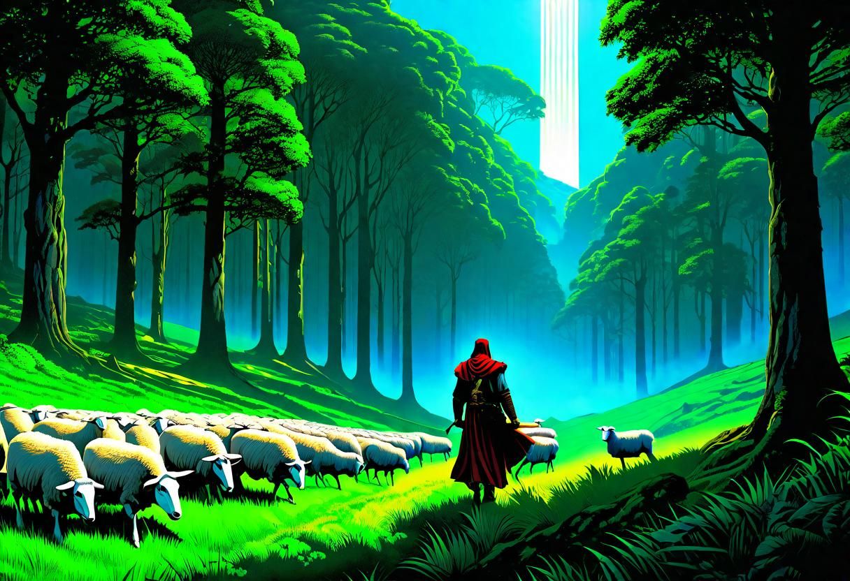Jesus as Shepherd in Lush Forest, Impressionist Gouache