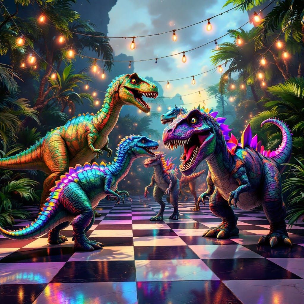 Dancing Dinosaurs in Vibrant Checkered Dance Floor Scene