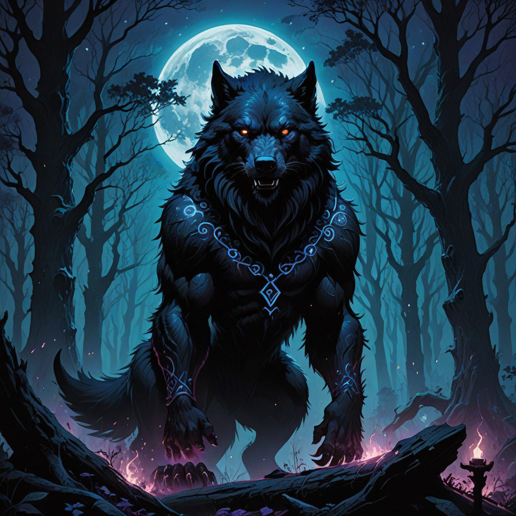 Werewolf in Dark Fantasy Forest Scene
