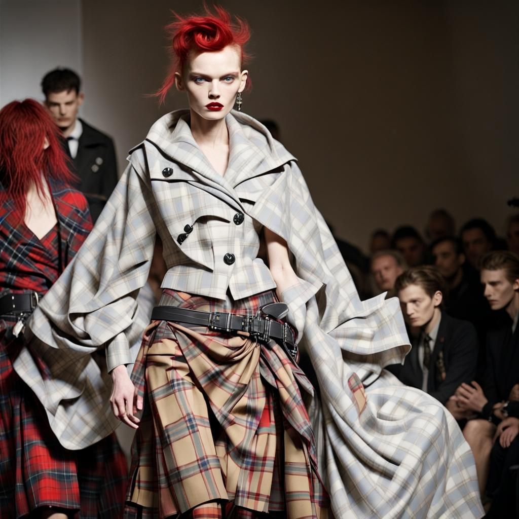 Art by Vivienne Westwood, punk-inspired fashion scene, characters clad in bold, rebellious plaid attire, mixing traditio...