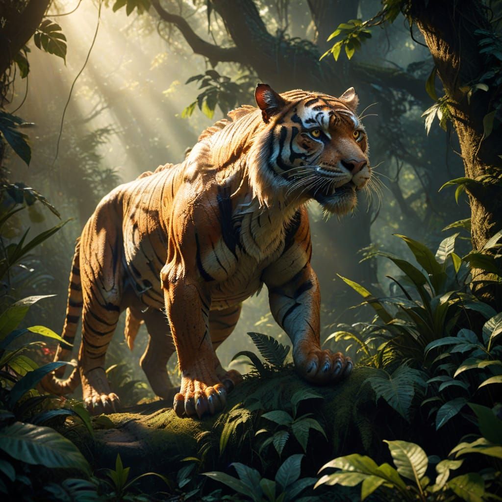realistic hybrid creature, cross of a Tiger and a European style Dragon, standing in a thick jungle