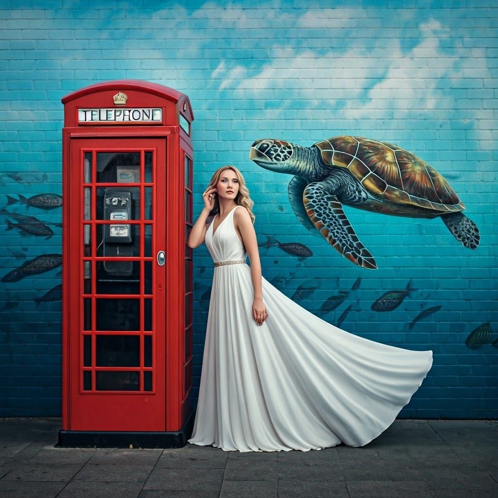 Woman by Phone Booth with Street Art Mural