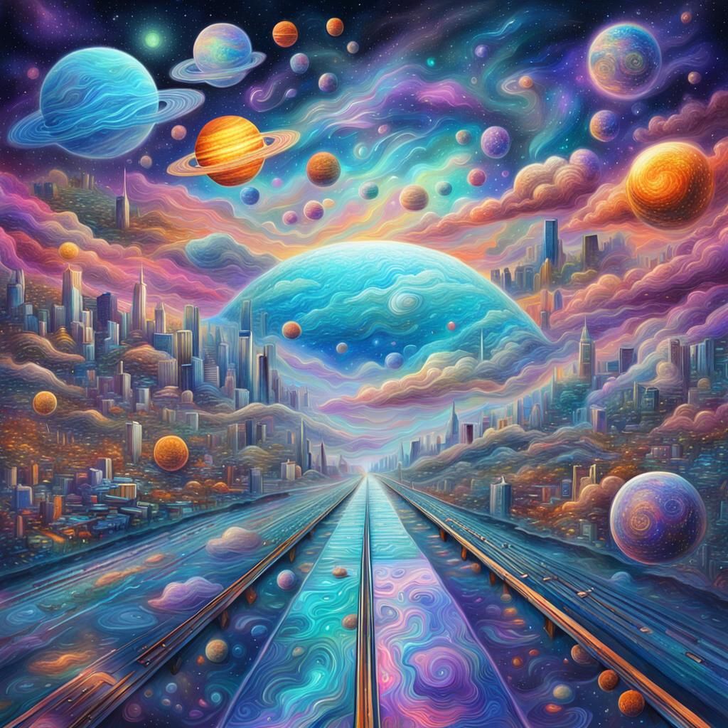 Cloudy Commute: Holographic Astral Illustration