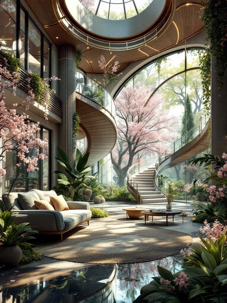 Surreal Eco-Modern Mansion Interior in Vibrant Spring Bloom