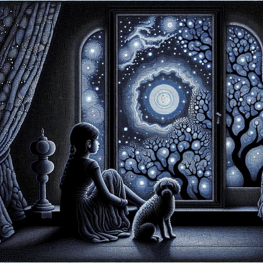 Dreamy Pointillist Landscape with Girl and Dog