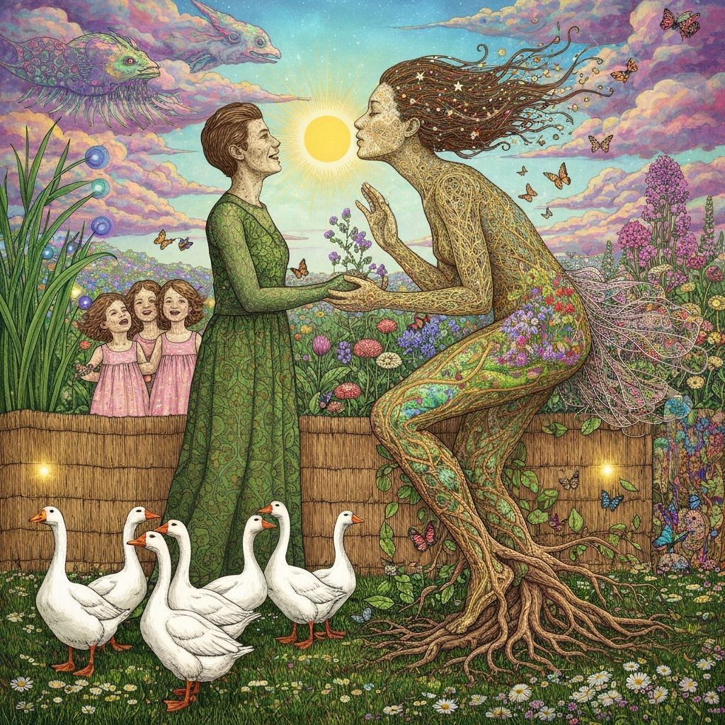 1920s Folkloric Robot with Twins in Surreal Eco-Garden