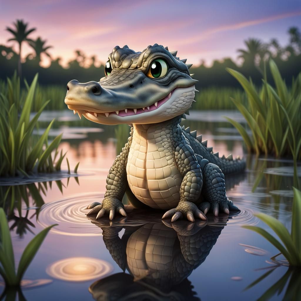 ((Chibi:1.2)) a cute alligator, wading in the summertime everglades, with a twilight sky,