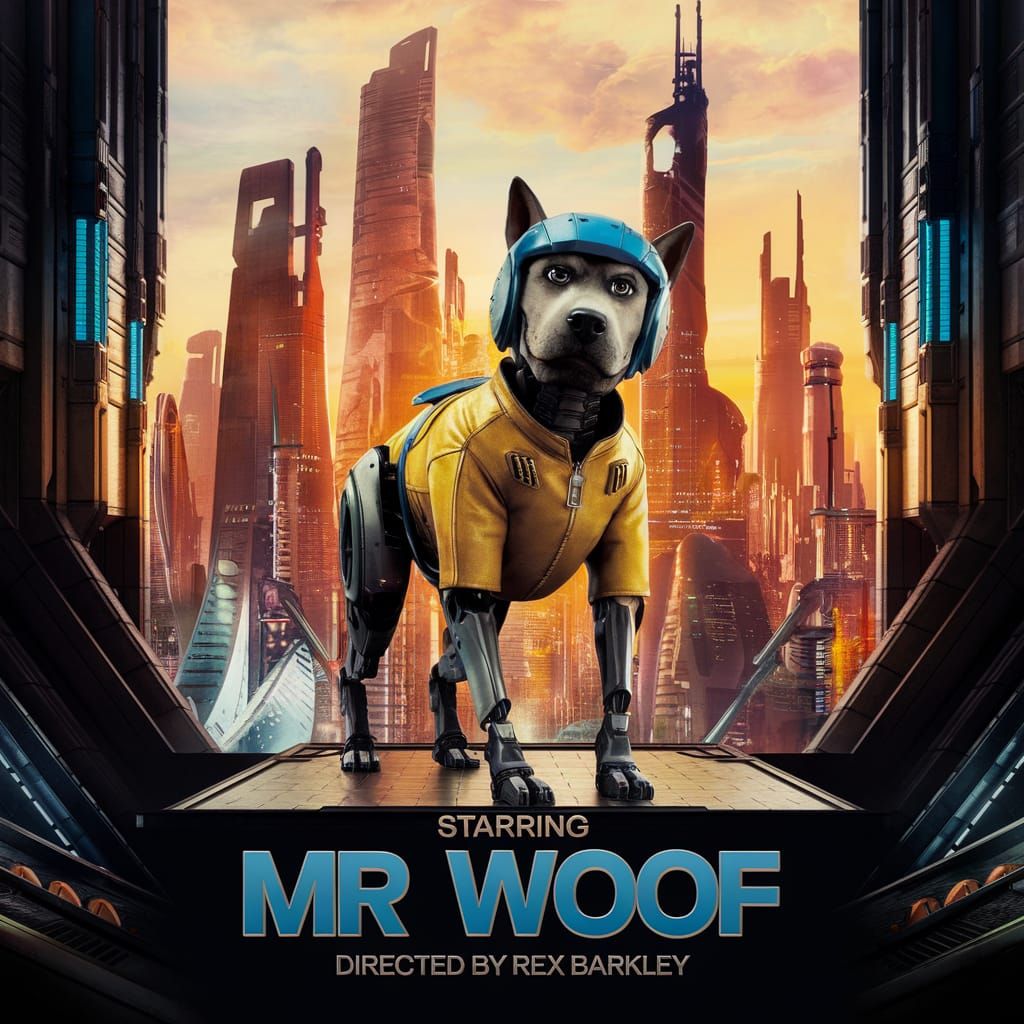 Robotic Dog Detective Movie Poster in Futuristic Cityscape