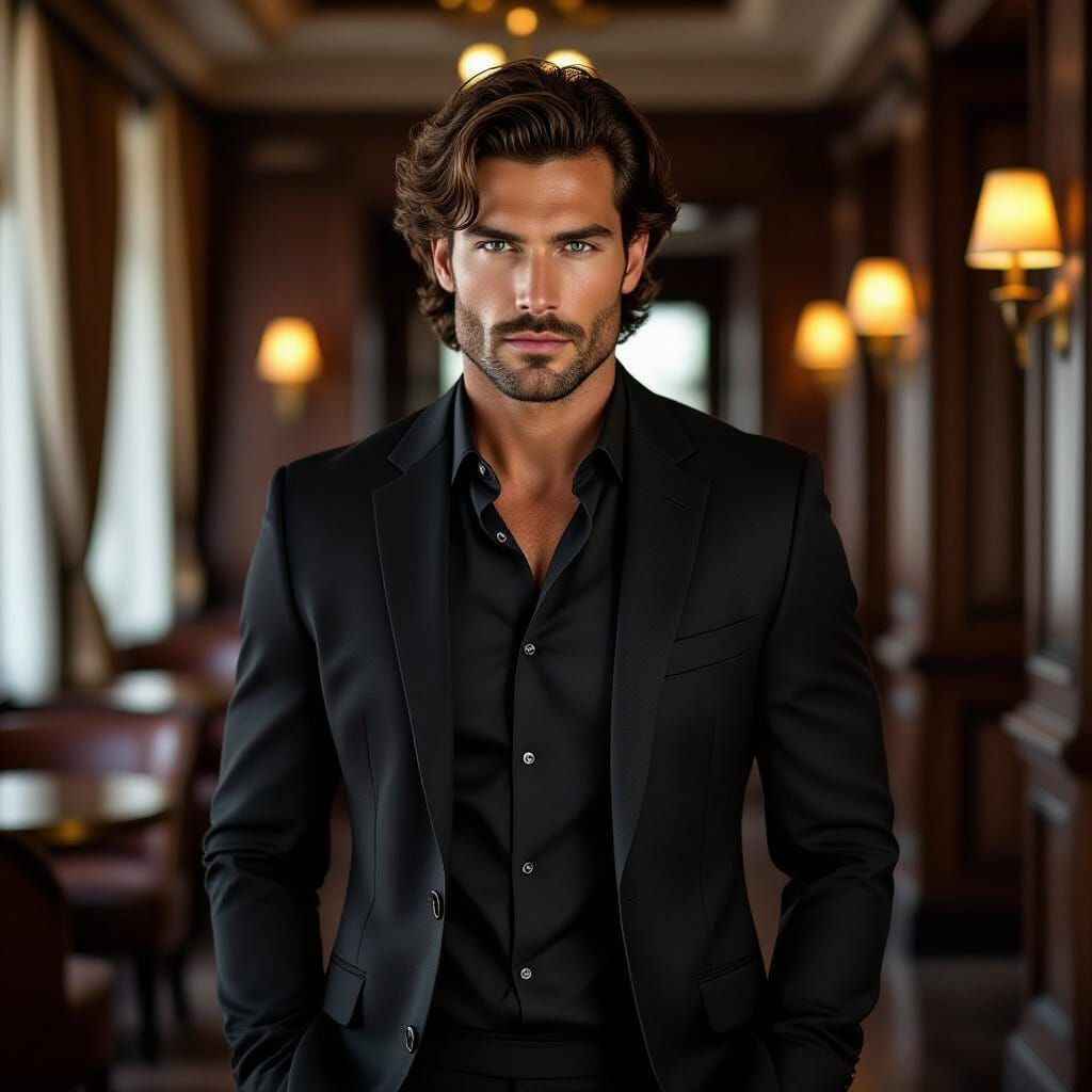 Muscular Man in Black Suit Fashion Editorial Portrait