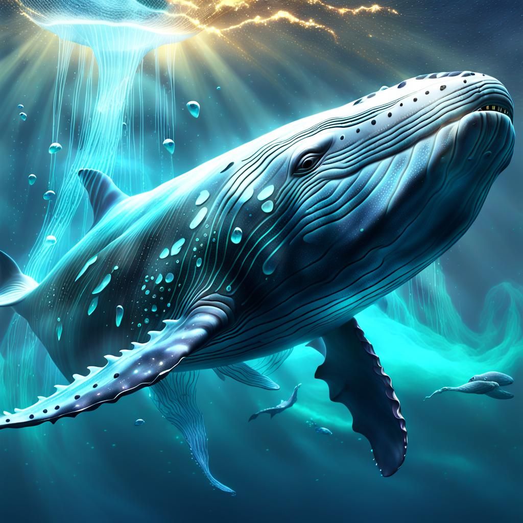 Ethereal Ghost Whale Breaching in Dreamlike Ocean