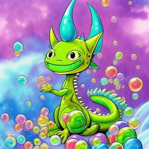 Chibi Dragon's Bubble Party: Whimsical Illustration