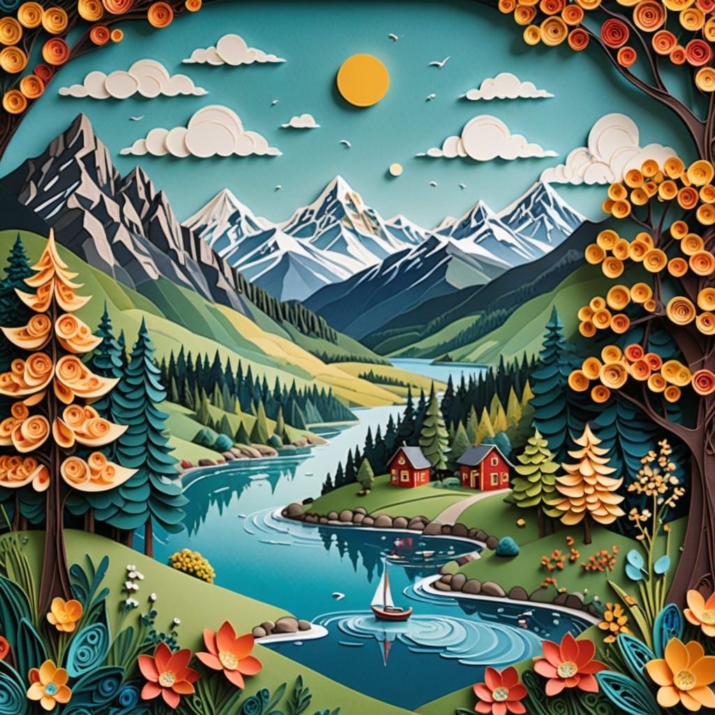 Quilled Paper Landscape with Lake and Mountains