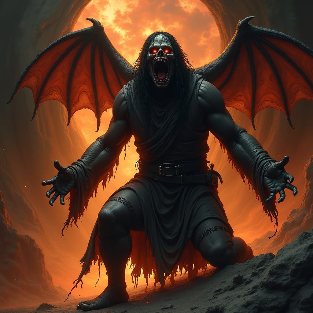 Cacodemon Emerges Before Tortured Soul: Gothic Horror Art