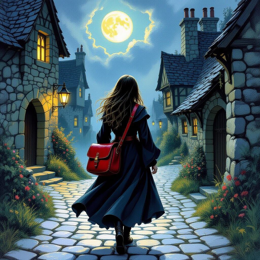 Young Witch With Red Satchel on Cobblestone Path