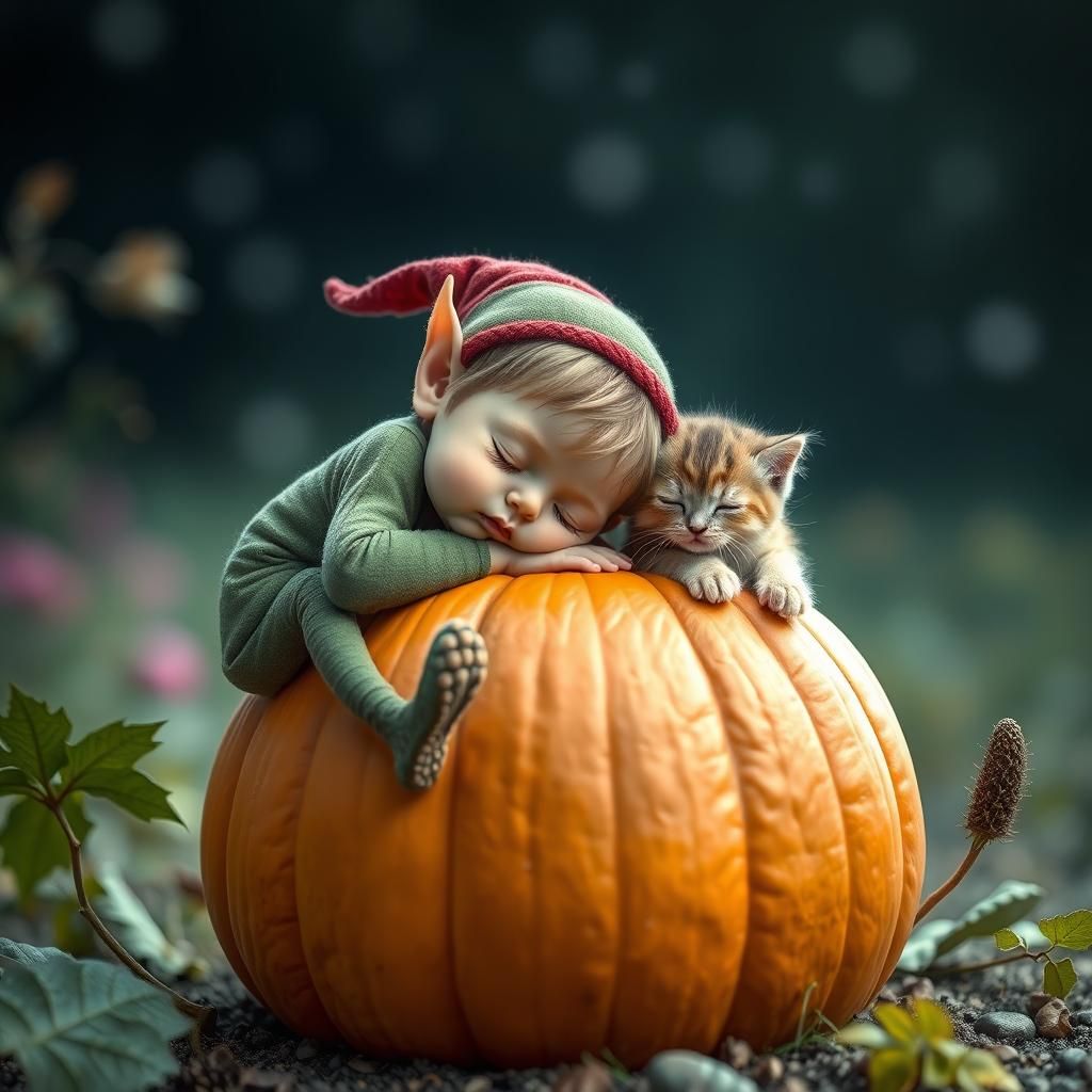 Baby Elf and Kitten Napping on Pumpkin