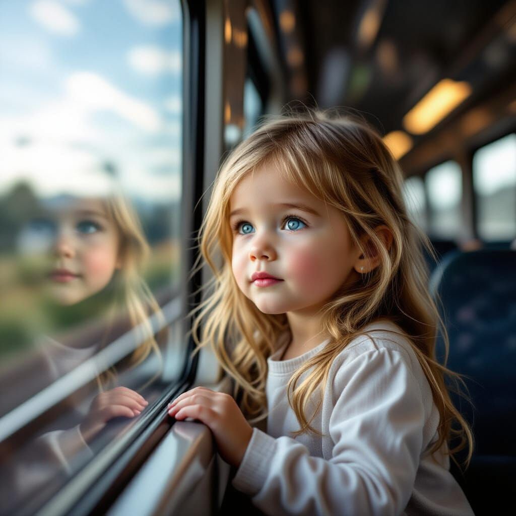 Girl on Train Peeking Out Window in Hyperrealistic Style
