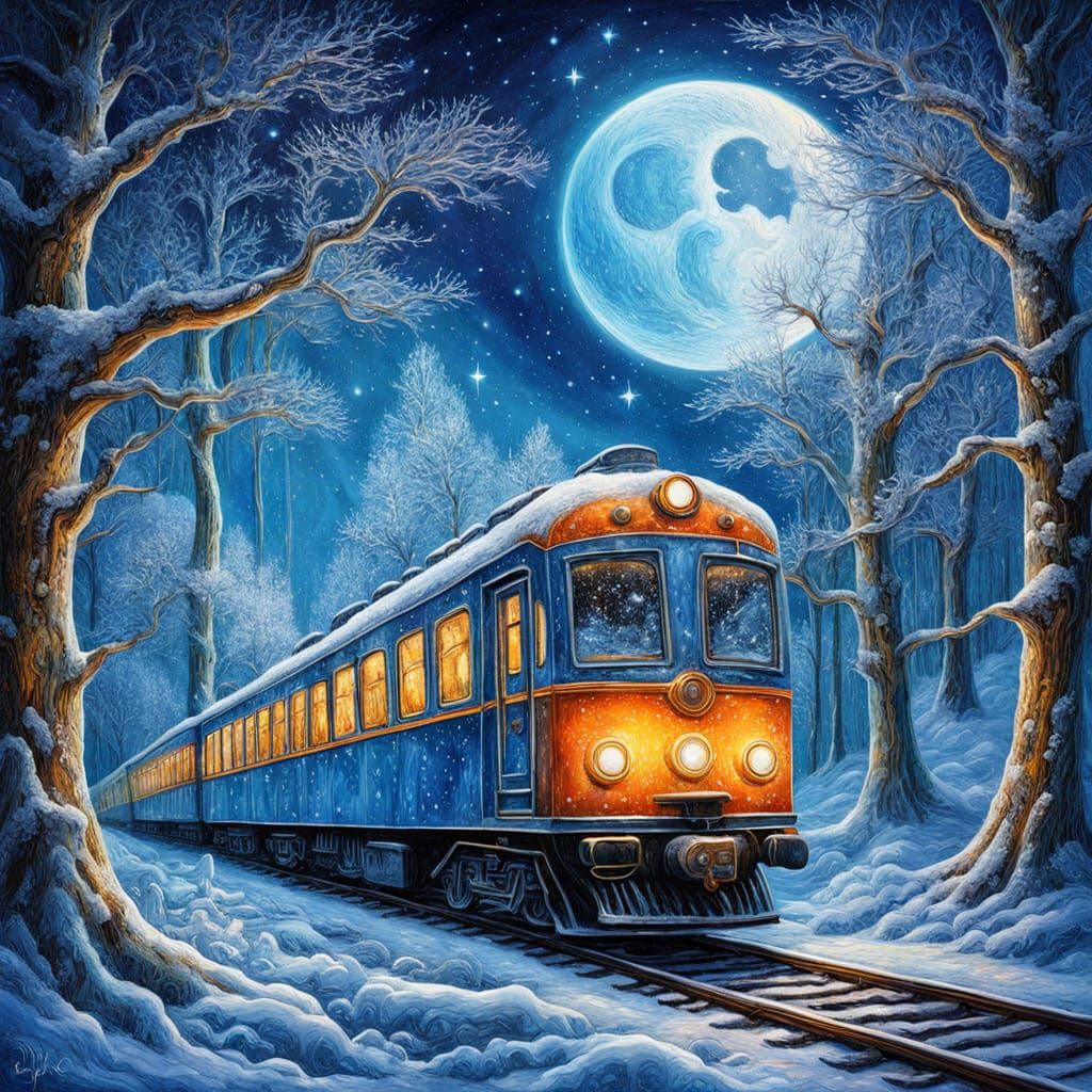 Whimsical Moon Train Through Crystal Forest