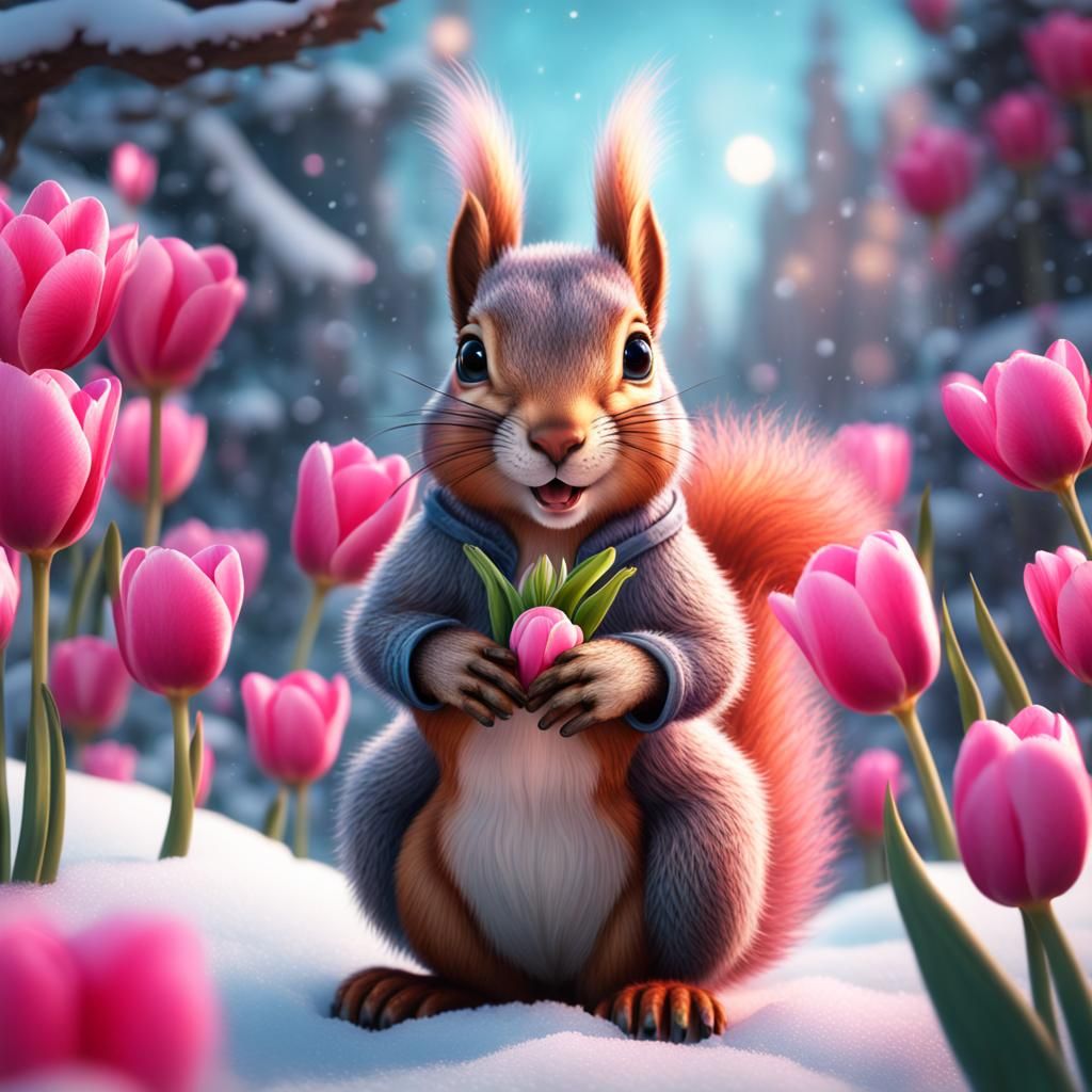 Squirrel with Tulips: Detailed Matte Painting in 8K