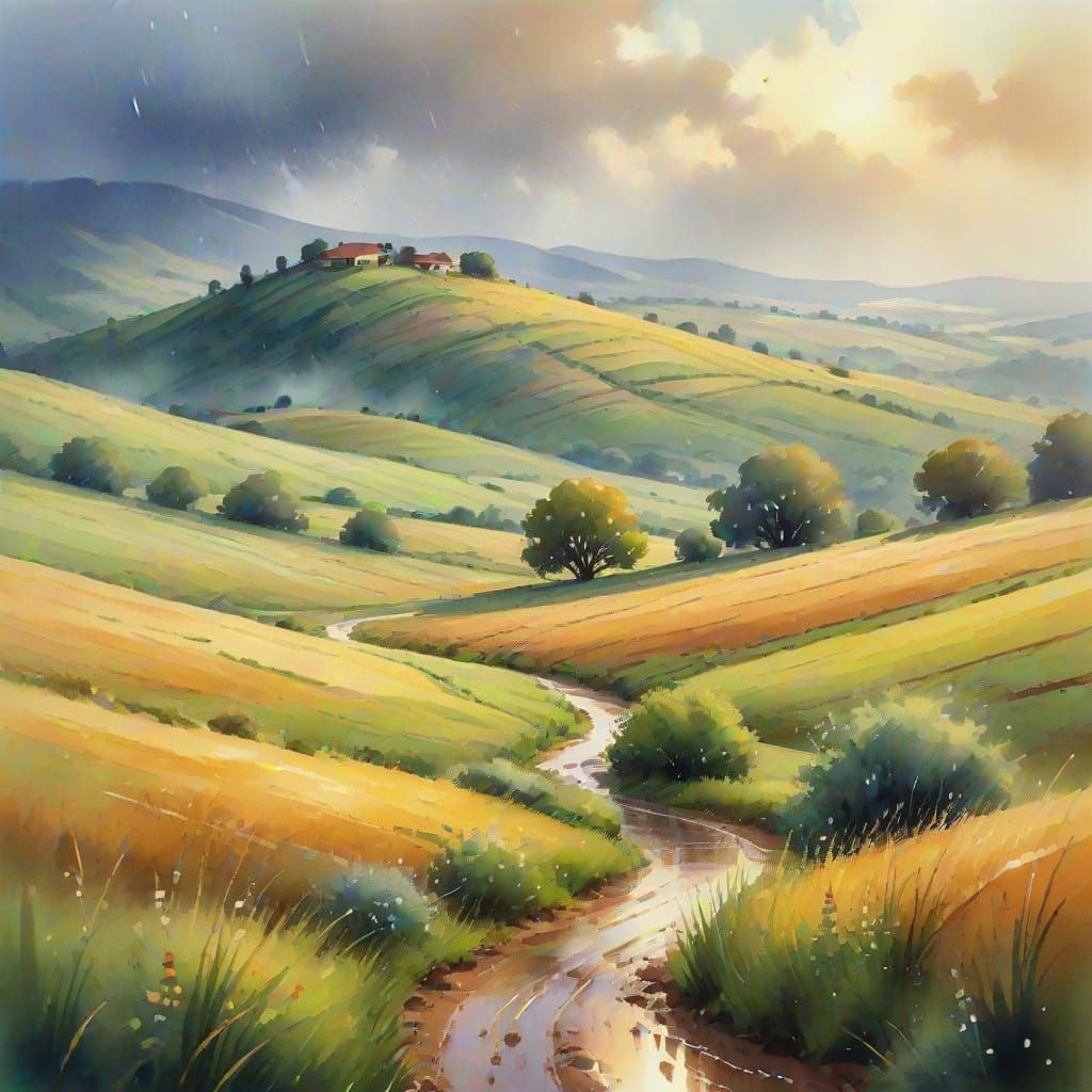 Impressionist Summer Rain Landscape in Watercolor Style