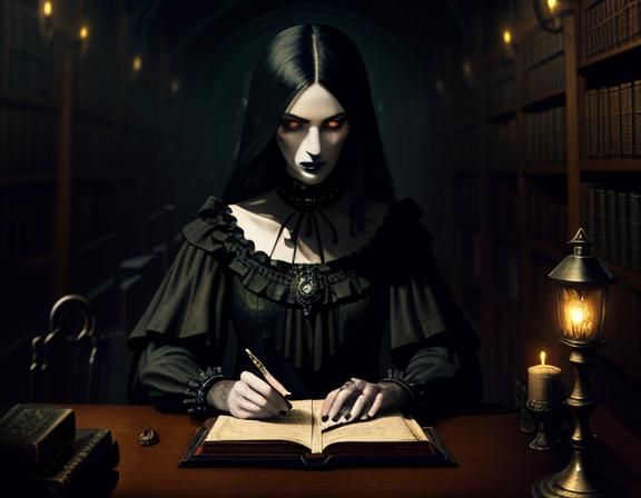 Gothic Woman in Library: Digital Art with Mystical Symbols