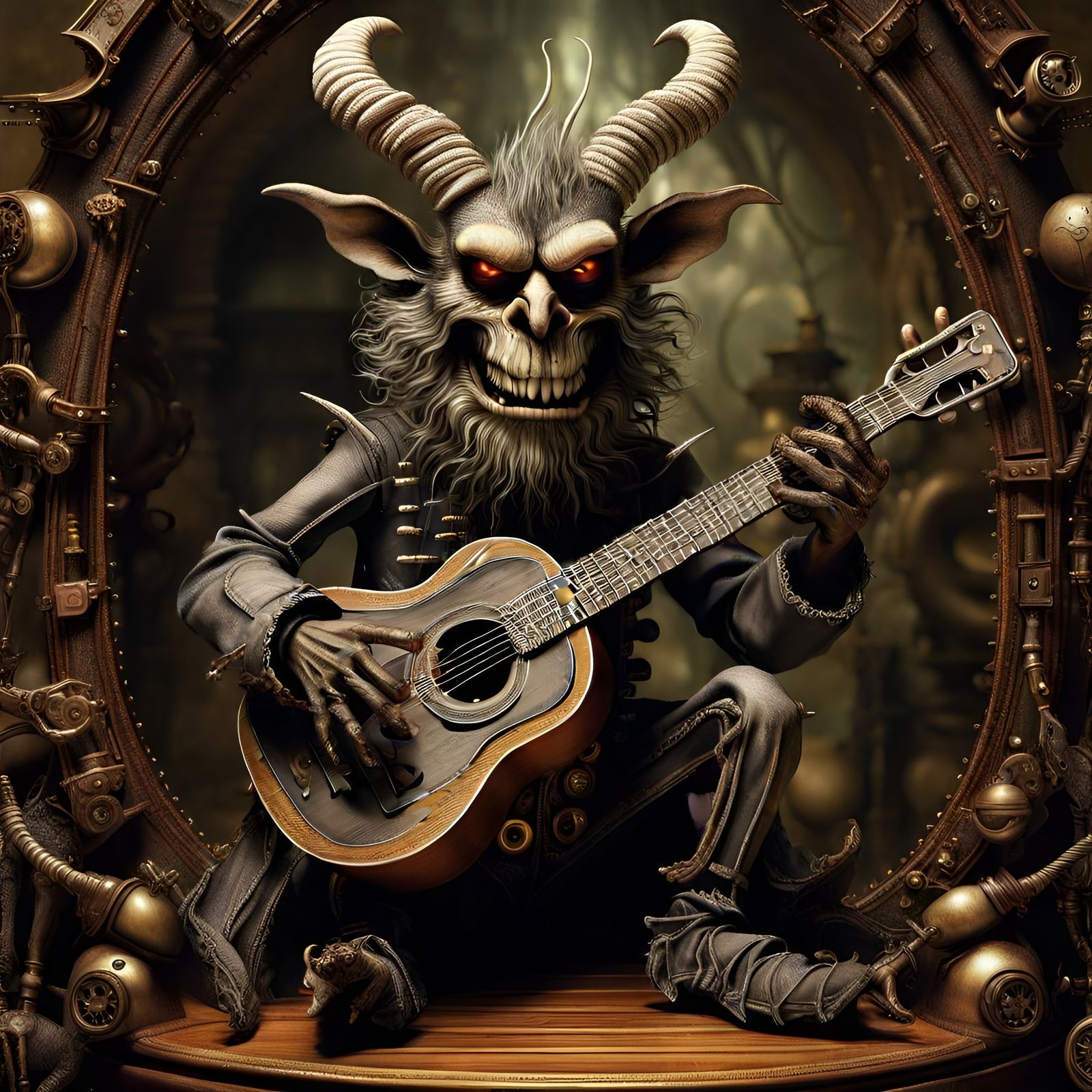 Steampunk Krampus Plays Guitar in Apocalyptic Wonderland