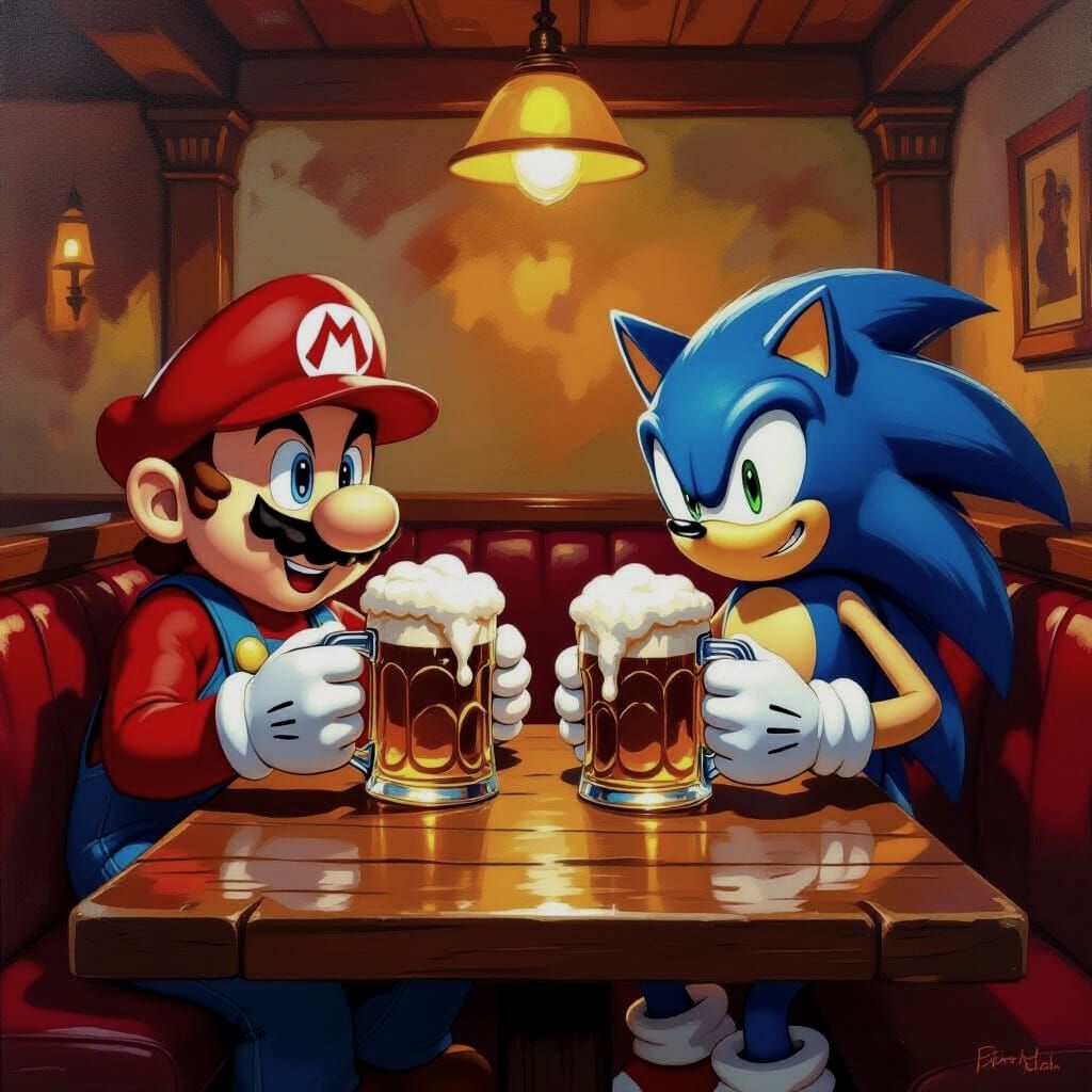 Mario and Sonic at the Pub, in Frazetta Style