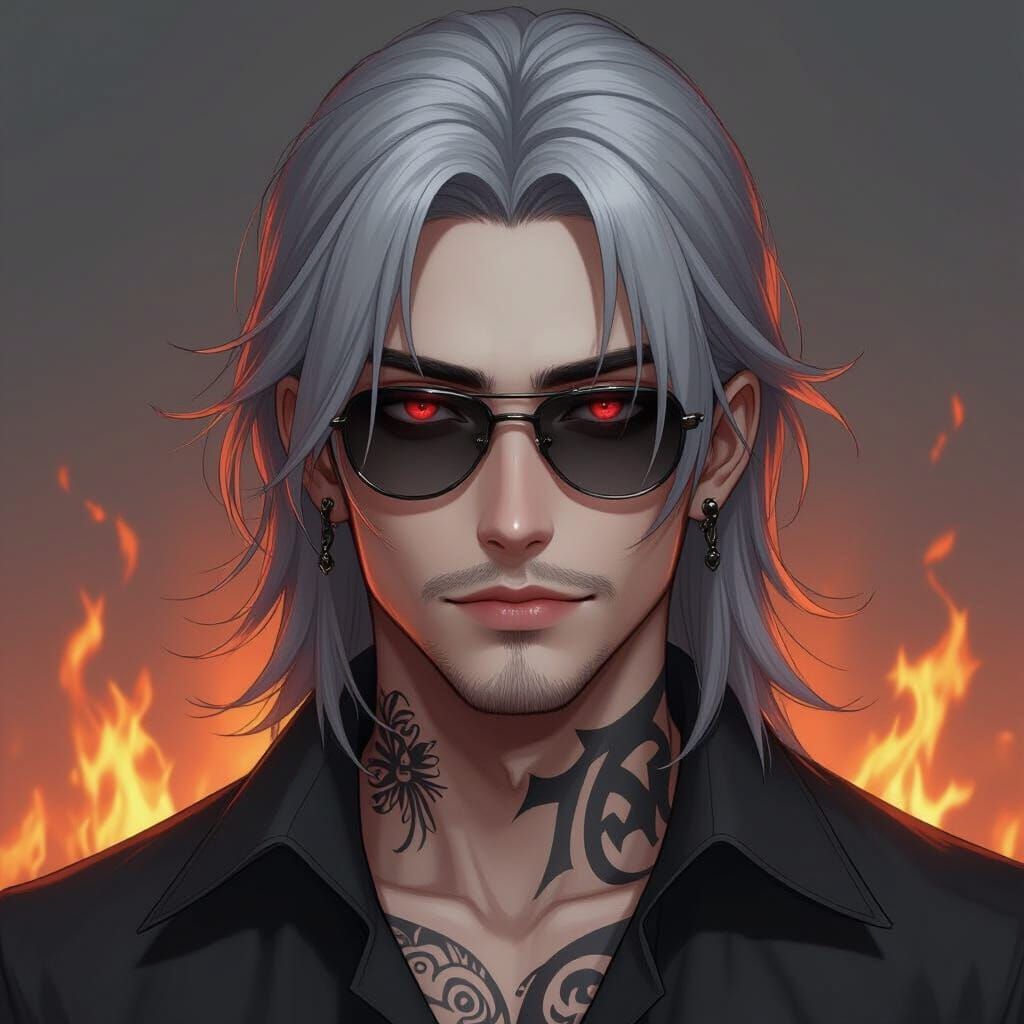 Anime-Style Portrait: Handsome Man with Fiery Aura