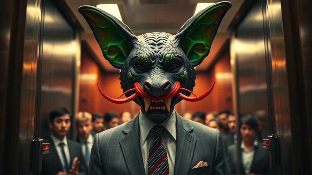 Bat-like African Masked Stockbroker in Elevator: Surreal Art