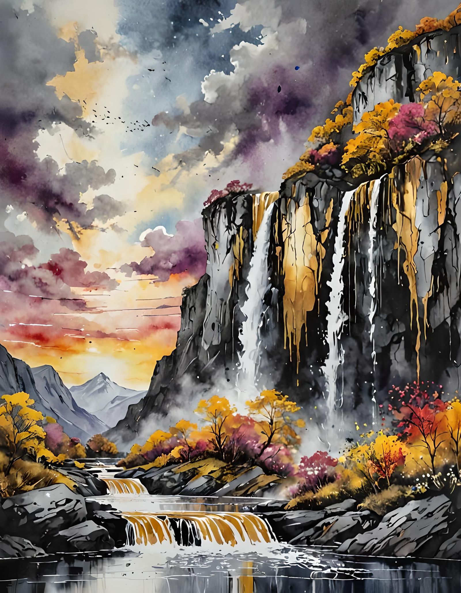 Vibrant Mountain Waterfall Landscape in a Golden Sky