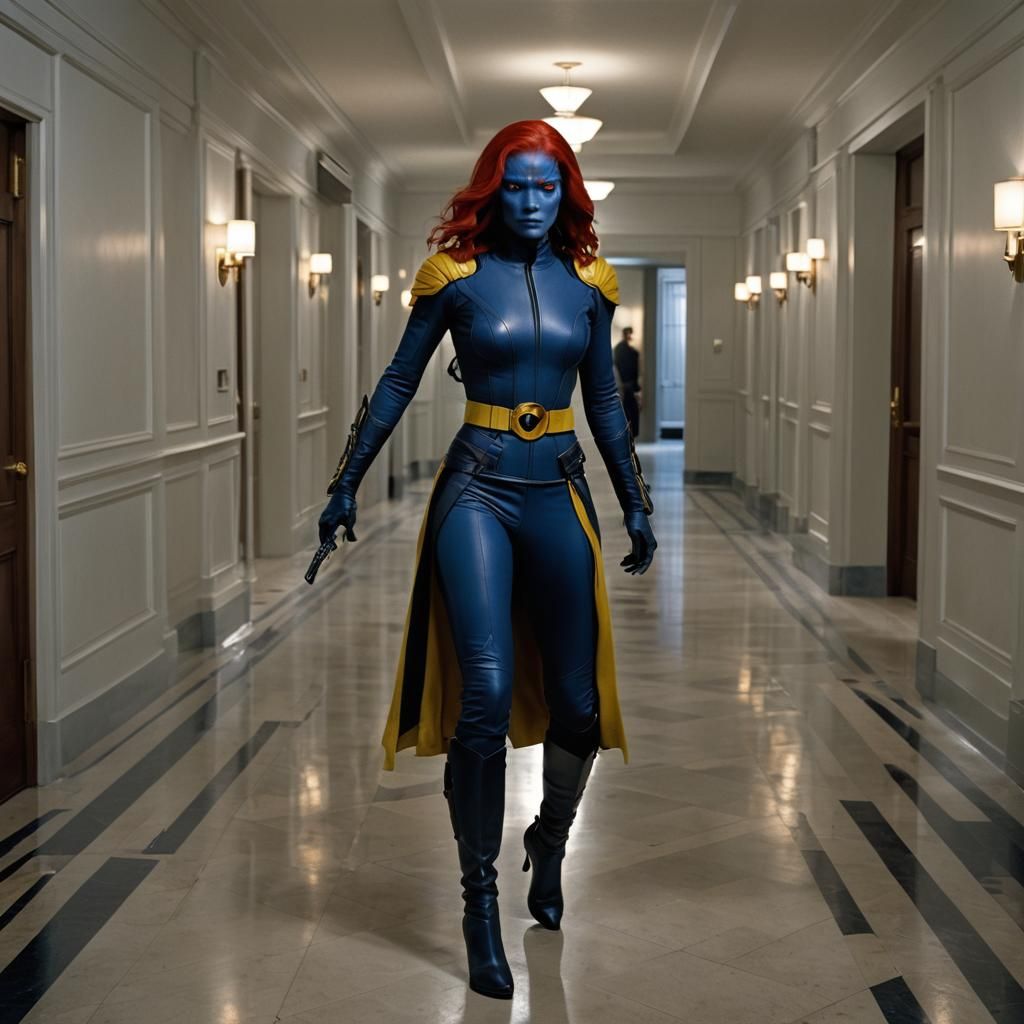 Mystique in Hotel Corridor: Cinematic Film Still