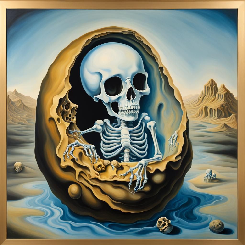 Surreal Skeleton Baby Womb, Dali-esque Oil Painting