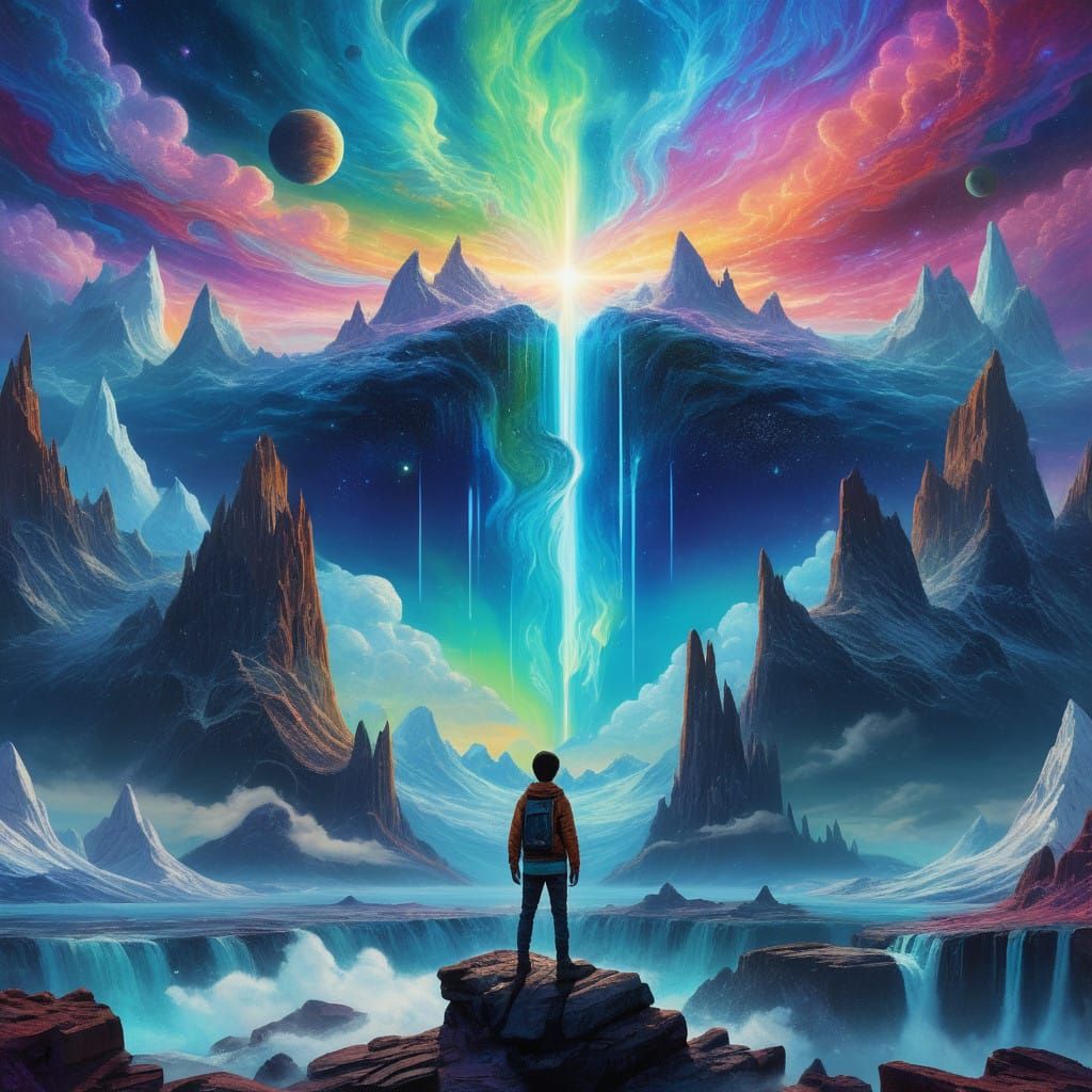 Epic Cosmic Dreamscape: A Boy Standing in Vibrant Astral Rea...