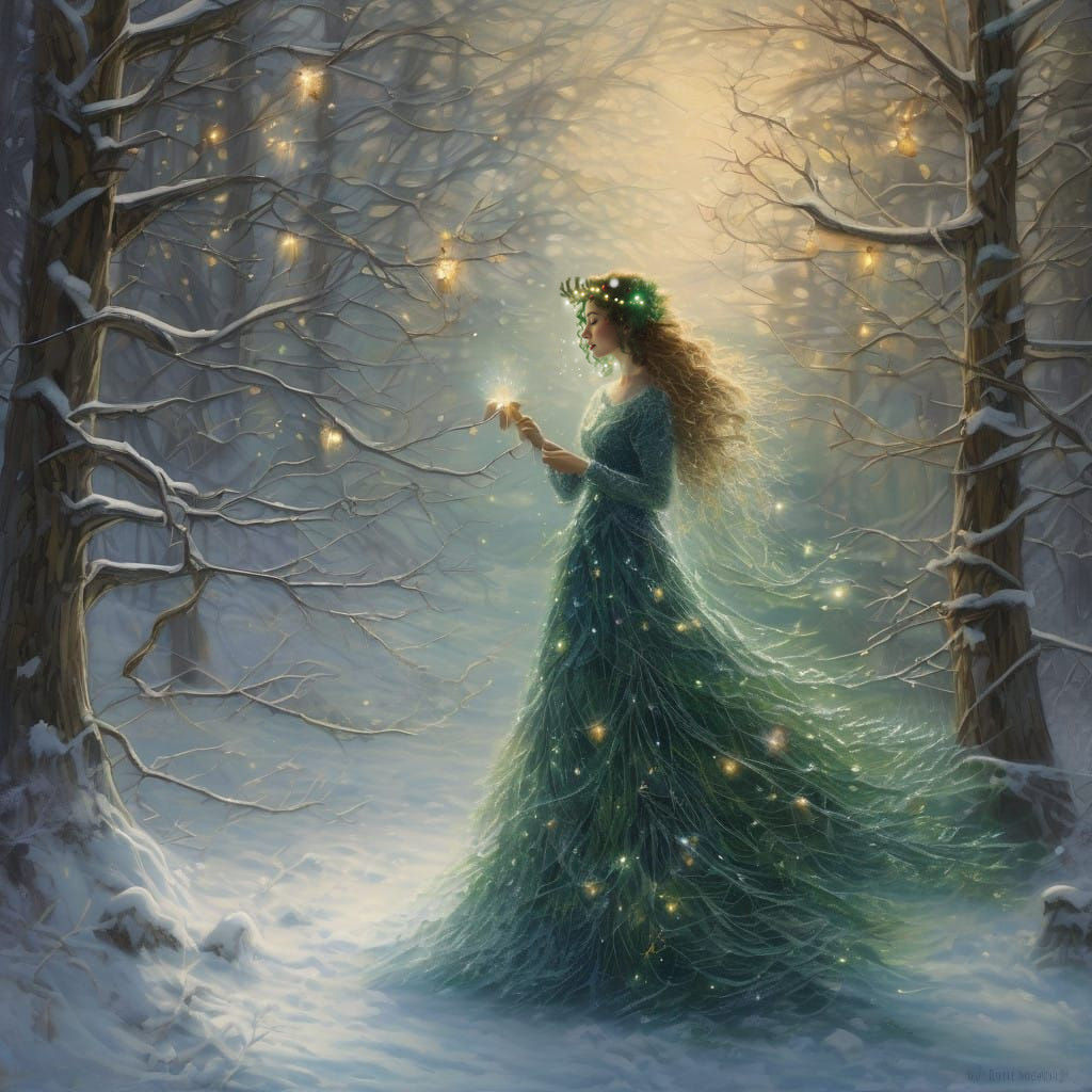 Enchanted Christmas Tree Woman Dances Under Starry Winter Sk...