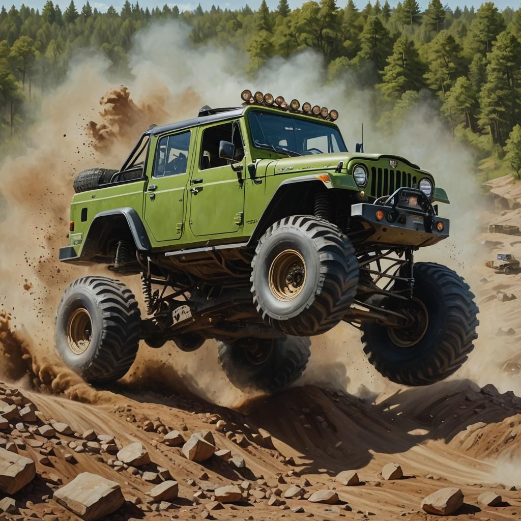 Kaiser Jeep M715 Monster Truck Leaping, as Oil Painting