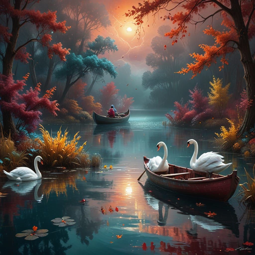 Autumn Night Swans on the Lake in a Rowboat, in a Vibrant Gr...