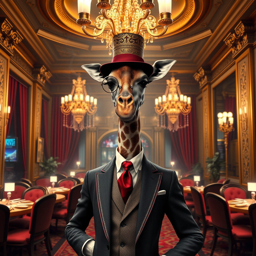 Elegant Giraffe in Casino, Matte Painting Aesthetic