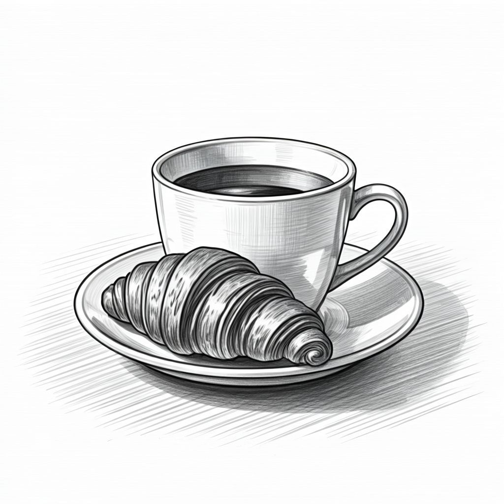 Pencil Drawing of Coffee Cup and Croissant