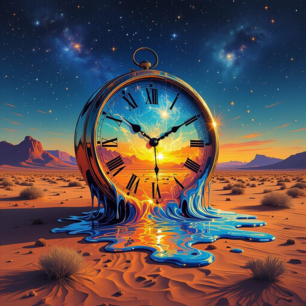 Surreal Melting Clock in Desert Under Starry Night