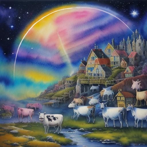 Cosmic Serenade: Watercolour Cows in Whimsical Village