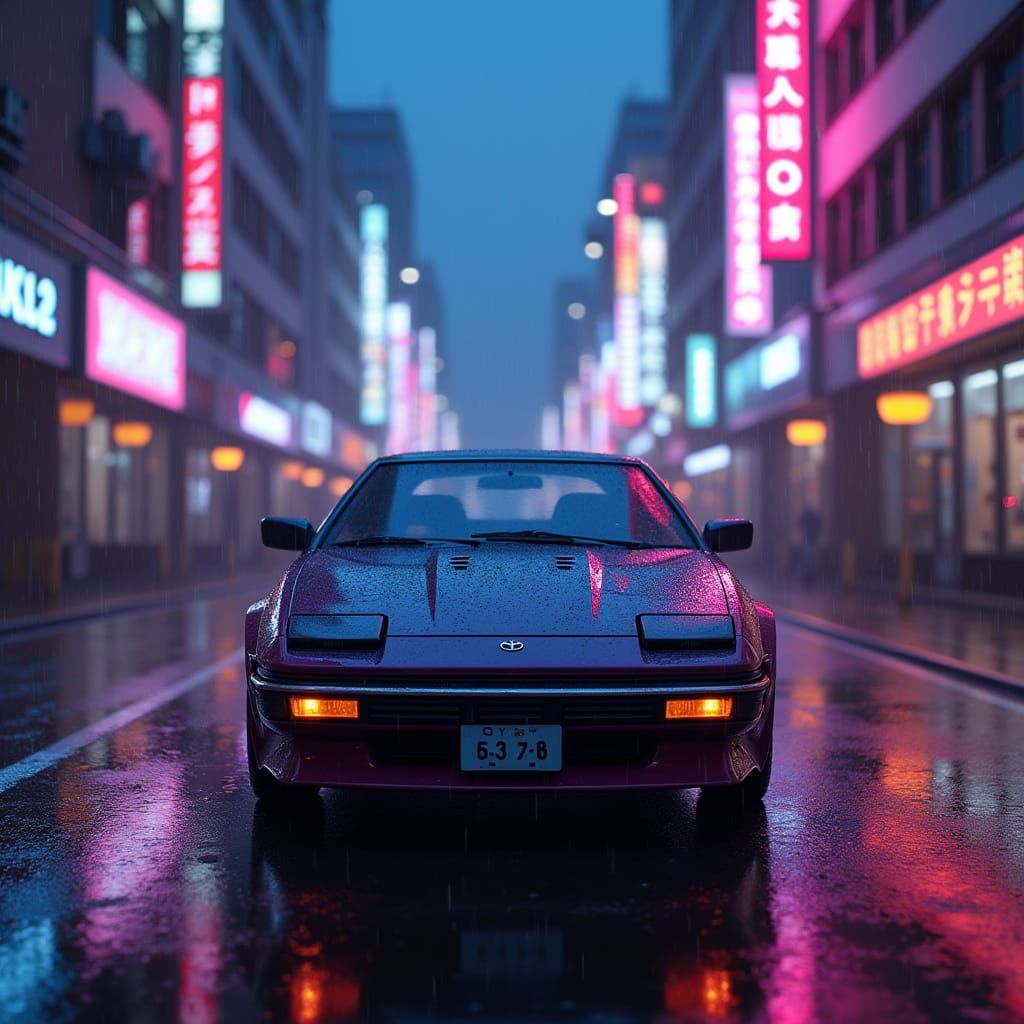 Sleek 1980s Toyota Celica GT Speeds Through Rainy Tokyo Stre...
