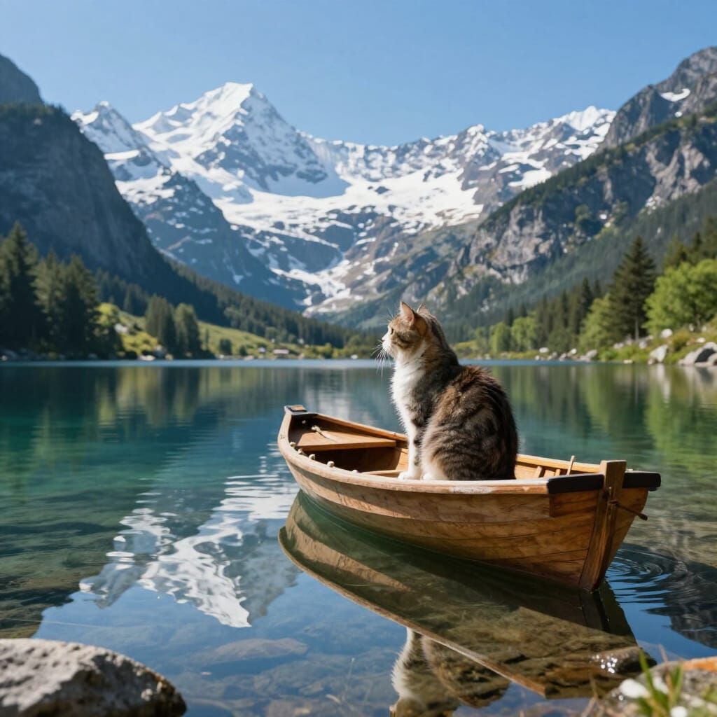 Curious Cat on Mountain Lake Boat in Ultra-Realistic Matte S...