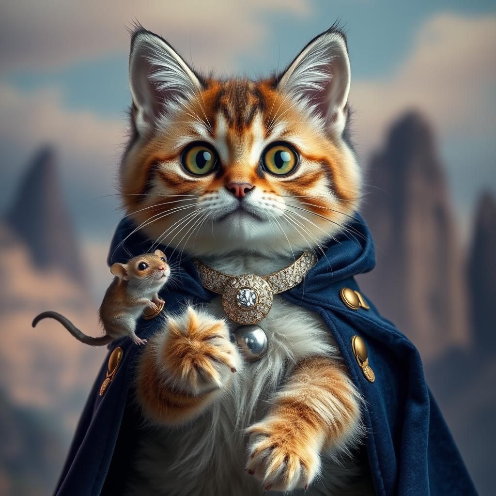 Cat in Velvet Cloak with Mouse, Fantasy Art