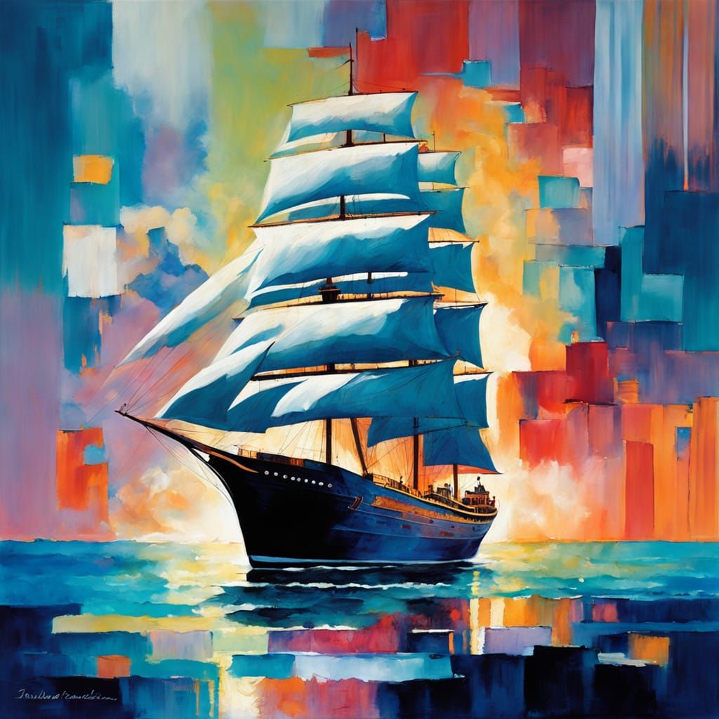 Crystal Ship Sails Across Serene Ocean in Harmony with Celes...