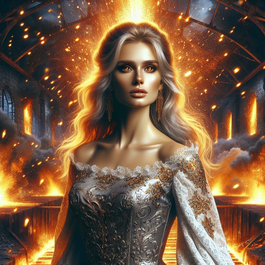 Sorceress Amidst Fiery Explosion in 3D Rendered Scene
